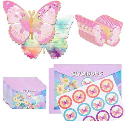 QH-Shop Biglietto D'invito a Farfalla 12 pezzi Invito Compleanno Farfalla Biglietto Invito Compleanno Scritte Tedesco Carta di Invito Farfalla con Busta e Adesivo per Ragazze Ragazzi