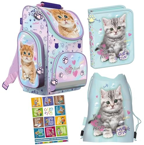 Goldkids Schulranzen für Jungen und Mädchen, Katze Motiv, 4er-Set | Schul-Rucksack für Kinder, mit Federmäppchen, Schuhbeutel, Hausaufgabenheft, 1-3 Klasse