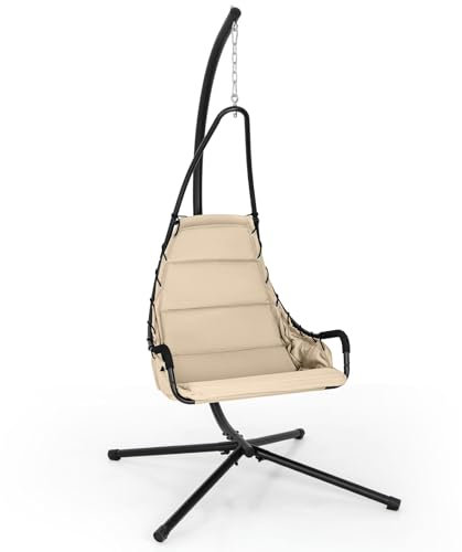 COSTWAY Silla Colgante con Soporte, Asiento Acolchado Extra Grande, Columpio Colgante para Interior y Exterior, Estructura de Metal, Carga máx. 120kg, 105 x 101 x 203 cm (Beige)