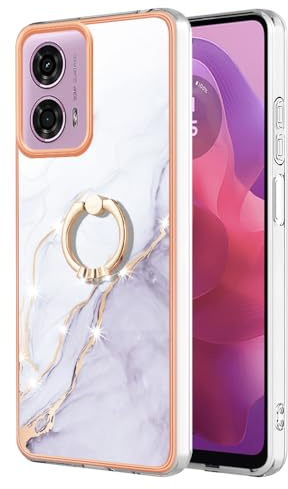 Reevermap Motorola Moto E14 Case with Ring Holder, Shockproof Silicone Marble Phone Cover Kickstand Soft Metallic TPU Rubber Bumper Case for Motorola Moto E14, White