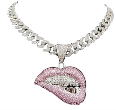 FUSHENGTER Halskette Damen Ketten Anhänger Frauen Männer Frauen Hip Hop Biss Lippe Form Anhänger Halskette Kristall Iced Out Bling Hiphop Halsketten Mode