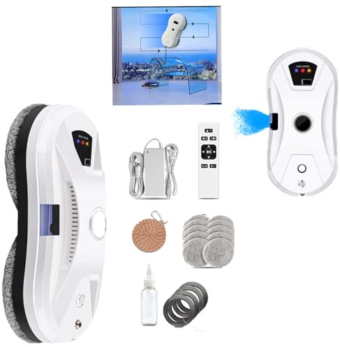 Hooha fensterputzroboter Mit Automatischem Wasserstrahl 5600Pa,Automatischer Fensterroboter Mit Fernbedienung,30 Ml Wassertank,3 Reinigungsrouten,4m Sicherheitsseil,10 Reinigungstuch