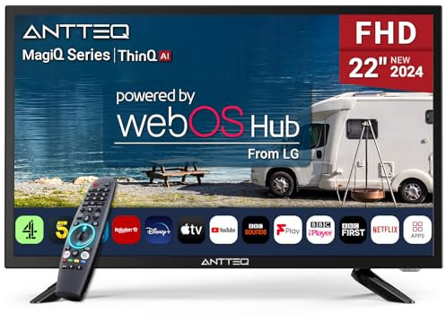 Antteq 22 Inch FHD Smart TV 12V/24V, WebOS 12 Volt Television with AI Voice Control Remote, BBC Freeview Netflix Airplay, HDMI/USB, Small Travel Screen for Caravan Truck Boat Motorhome