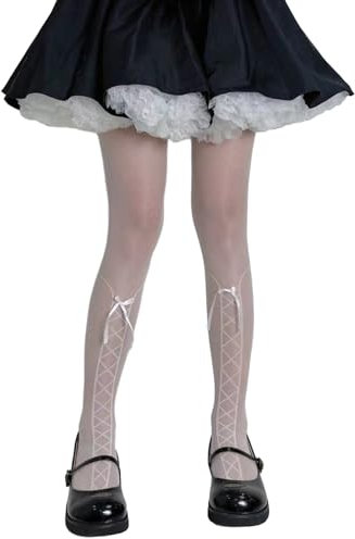 alloneslife Süße Ballett-Strumpfhose für Damen, ultradünn, durchscheinend, japanisches Mädchen, mit Schnürung, gemustert, Schleife, weiß, S-4XL