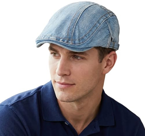 HIQIU Jeans Schiebermütze Herren - Verstellbar Gatsby Flatcap aus Denim Schirmmütze Damen Efeu Hut Newsboy Cap Baskenmütze