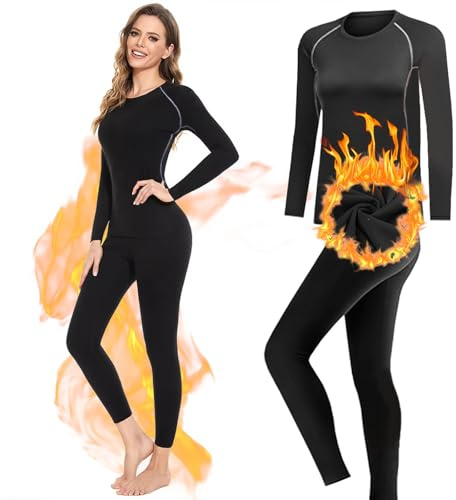 Women Thermal Base Layer Set, Quick Dry Velvet Lined Compression Long Sleeve Tops and Leggings for Ladies Girls Winter Warm, Soft Athletic Stretch Underwear for Biking Ski Running Gym Sport Black