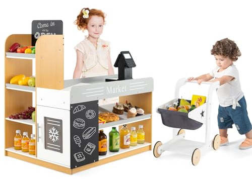 COSTWAY Kaufmannsladen, Kaufladen Kinder mit Einkaufswagen, Supermarkt Holz mit Kasse & 2 Tafeln, Einkaufsladen für Kinder ab 3 Jahren