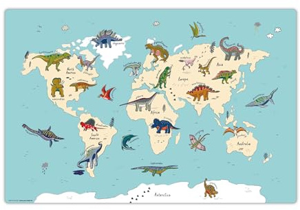 Schreibtischunterlage für Kinder und Erwachsene - Dinosaurier Weltkarte - 60 x 40 cm - aus hochwertigem Vinyl - Made in Germany