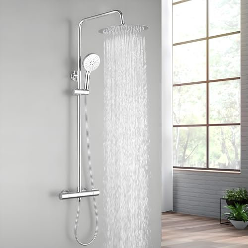 Tondiy Système de Douche Thermostatique, Ensemble de Douche Économie d'Eau avec Mitigeur, Colonne de Douche Hauteur Réglable, Tête de Douche Ronde 30 cm, Douchette 3 Jets, Acier Inoxydable, Chromé