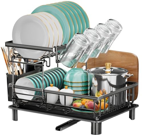 IMXSUMDA Dish Drying Rack, 2 Tier Dish Racks for Kitchen Counter, Compact Drying Rack Kitchen, Rust-Resistant Dish Drainer, Detachable Space-Saving Dish Rack with Drainboard, Utensil Holder, Black