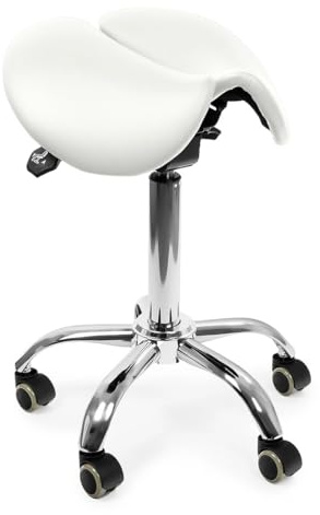 Spacetronik Sattelhocker mit Rollen Höhenverstellbar 59-79 cm | Ergonomischer Hocker mit Geteilter Sitz, Drehhocker aus PU-Leder, Arbeitshocker mit 5 Rollen, Belastbarkeit bis 100 kg