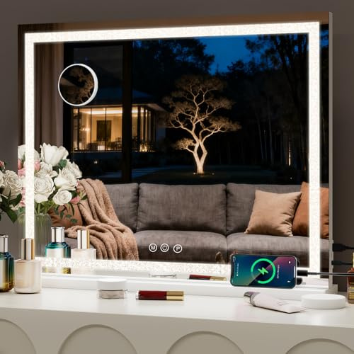 eklipt Hollywood Schminkspiegel mit Beleuchtung, 70 X 55cm Touch Schalter | Kosmetikspiegel mit 3 Farbbeleuchtungsmodi, mit Crushed Diamant Kristall,Vanity Spiegel mit Licht Weiß