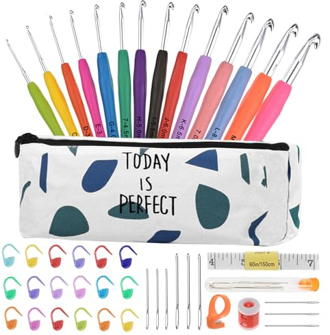 14 Sizes Crochet Hooks Set Crochet Kit for Beginners Adults Knitting Accessories Tools with Case Aluminum Crochet Needles 2.0mm-10.0mm Ergonomic Grip for Arthritic Hands Gift