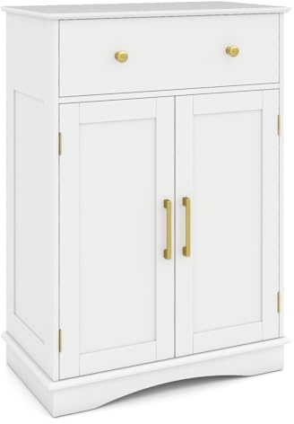 COSTWAY Bathroom Floor Cabinet, Freestanding Storage Cupboard with Drawer, 2 Doors and Adjustable Shelf, Modern Wooden Bathroom Unit Side Cabinet for Living Room Hallway Kitchen, 56x30x80cm (White)