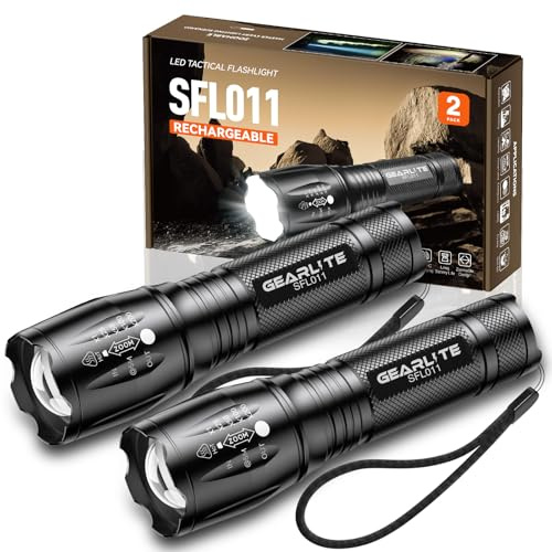 GEARLITE LED Torch Rechargeable 2Pack, 2000LM Zoomable Rechargeable Torch with 3 Modes, Long-Lasting IP65 Waterproof Torches LED Super Bright for Camping, Hiking, Emergencies - Gifts for Men Dad Him