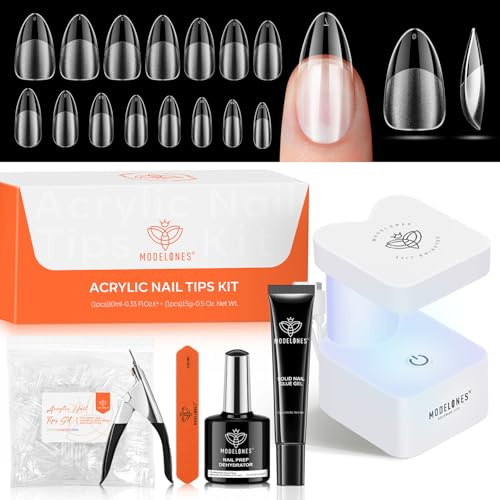 modelones Nageltips and Glue Gel Kit, 510 Pcs Medium Almond Full Cover Nail Tips Set, Nagelkleber & Primer für Gelnägel & Uv Lampe Klein, 15 Größen für Nagelverlängerung DIY Salon Geschenke