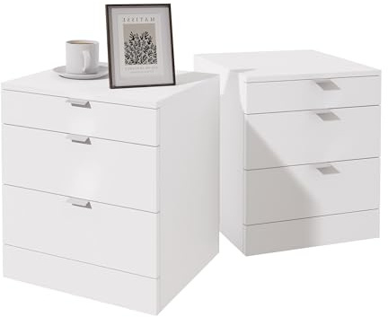 Garvishk Garvis Nachttisch 2er Set, schmal, Beistelltisch mit 3 Schubladen Nachtschrank Schlichter Beistelltisch für Schlafzimmer, Wohnzimmer (Weiß)