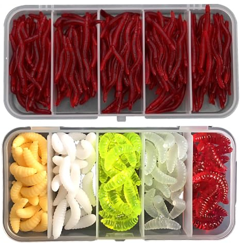 350 Stück Künstliche Köder Würmer Fisch, Angelset mit weichen Kunststoffwürmern, ideales Gummi-Set für Forellenangeln, in Box - 150 Mehlwürmer + 200 kleine Regenwürmer