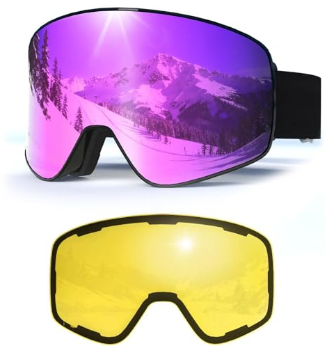 Gafas de Esquí con Magnético Lentes Intercambiables,YH212 Gafas Esqui OTG para Unisex Ajustable Tamaño Anti-Niebla Protección UV Snowboard Nieve Espejo para Ski (07-REVO Morado/Negro + Lente VLT 14%)