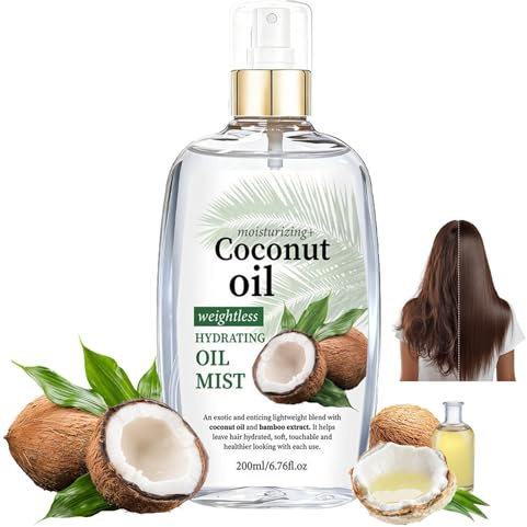 Ätherisches Kokosöl-Haarspray, stärkende Behandlung, Haarnebel, leicht, leuchtender Glanz, bändigt sofort Frizz, verleiht Glanz, entwirrt, für weiche, Feuchtigkeit, Stärke, repariert Haare, 200 g