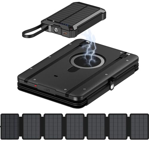 Domars Magnetic Power Bank,Panneau Solaire Portable avec 3 Câbles de Sortie (Type-C,iPhone,USB),Chargeur Solaire Extérieur étanche pour Smartphone,Camping,Randonnée,Pas de Batterie Intégrée