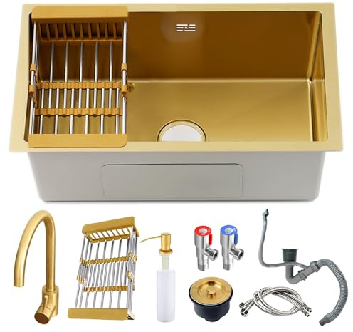 Fregadero de cocina pequeño de 60 x 40 cm, con grifo, dispensador de jabón, escurridor, sifón, tubo de drenaje, fregadero dorado de acero inoxidable, fregadero pequeño