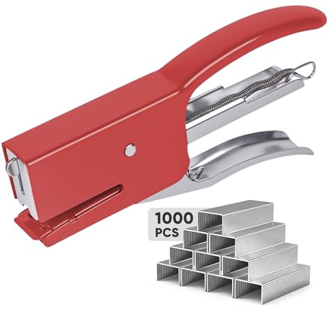 Heavy-Duty Handheld Plier Stapler with 1000 Standard 1/4 Staples, All-Metal Ergonomic Easy Grip Stapler, Smooth Jam-Free for Office, School, Home, Classroom Supplies, Documents, Receipts – Red