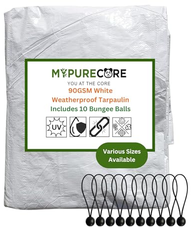 MYPURECORE Heavy Duty White Tarpaulin with 10 Bungee Balls – Weatherproof & UV Resistant Tarp Sheet and Groundsheet for Outdoor, Garden & Camping, Pergolas, Cars and Furniture (3m x 3m)
