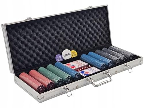Girox Pokerkoffer Pokerset 500 Chips - Klassisches Poker Set mit 2 Kartendecks, 5 Würfeln, Dealer, Little Blind, Big Blind - Aluminiumkoffer 55,8 x 23,5 x 6,5 cm - Gewichtete Pokerchips 10 g