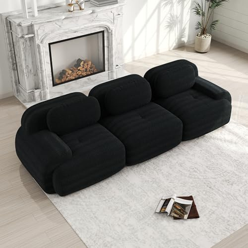 Luscriate Sofá esquinero Hamlet de 3 plazas, sin montaje, acolchado 32D de alta elasticidad, asiento extra profundo, reposabrazos anchos, sofá lounge cerca del suelo, color negro de 3 plazas (negro, H