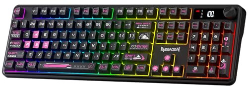 Redragon K526 PRO Wireless RGB Membrane Gaming Keyboard, LED Screen & Knob | See Battery, Mode & Time at a Glance, 0-Delay Tri-Mode, One-Touch Backlit & Media Adjust, 26-Key Anti-Ghost for Combo-Strike
