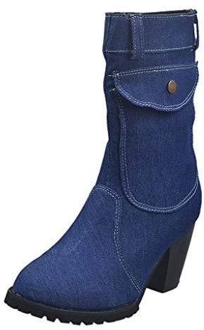 Botas vaqueras de mezclilla para mujer, con tacón de bloque y cremallera lateral, azul oscuro, 39 EU