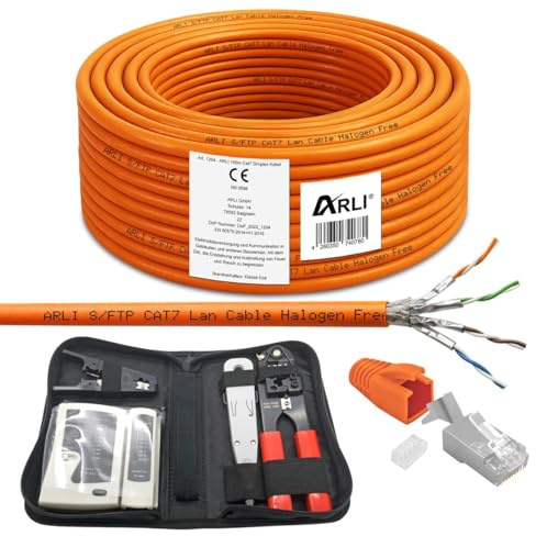 ARLI CAT 7 Verlegekabel 100m Netzwerkkabel CAT.7 + Crimpzange RJ45 Zange + Kabelmesser + 10x Netzwerkstecker Netzwerk Stecker LAN Halogenfrei Installationskabel CAT7 Kabel Netzwerk 100 m