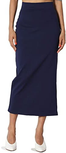 TheMogan Women's Side Slit Ponte Knit High Waist Mid-Calf Pencil Skirt Navy XL