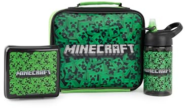 Minecraft Lunch Bag Set | Creeper-Abenteuer für Jungs | Lunchbox, Trinkflasche & Snackdose | Gamer-Merchandise für Kinder | Trage das pixelige Abenteuer bei jeder Mahlzeit Lunch Set