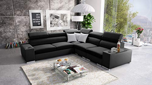Ecksofa mit Schlaffunktion Seo III - Schlafsofa mit Bettkasten - Sofa L-Form 282x282 cm - Eckcouch - Gewebe mit Kunstleder - verstellbare Kopfstützen - Rechte Seite - Schwarz/Schwarz - Modern 26