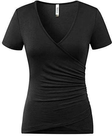 Beauhuty Women's Top Deep V Neck Slim Fitted Ruched T-Shirts Front Surplice Wrap Short Sleeve Tees (L, Short-Black)