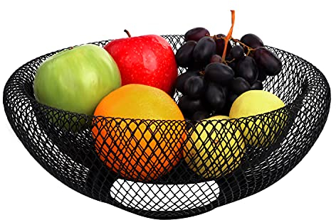 BELLE VOUS Fruteros de Cocina Modernos Metal Negro 24 cm - Cesta Fruta Decorativa Cuenco para Vegetales y Pan – Adornos para Cocina, Hogar, Decoración Centro de Mesa y Encimera