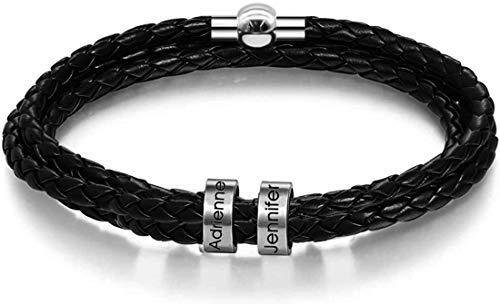 SeeWeLove Personalisierbares Partnerarmband Mit Gravur,Namensarmband Männer, Korn Anhänger Armband Leder Charm Armband 1-7 Namen