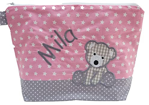 bestickte Tasche - BÄRCHEN - Wickeltasche - Kulturtasche -Windeltasche - Kulturbeutel - Waschtasche - Bag *WunschNAME* - 20 Schriftarten, Geschenk, Name, Teddy