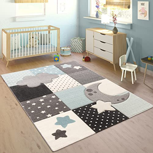 Paco Home Kinderteppich Kinderzimmer Kariert Punkte Wolken Sterne In Pastell Blau Grau, Grösse:200 cm Rund