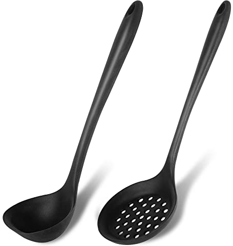 Silikon-Suppenkelle, 2er-Set, Silikon, antihaftbeschichtet, groß, Schaumlöffel, Küchenschöpflöffel, Sieblöffel, hitzebeständig, Kochutensilien zum Kochen, Rühren, Servieren, Abtropfen und Braten