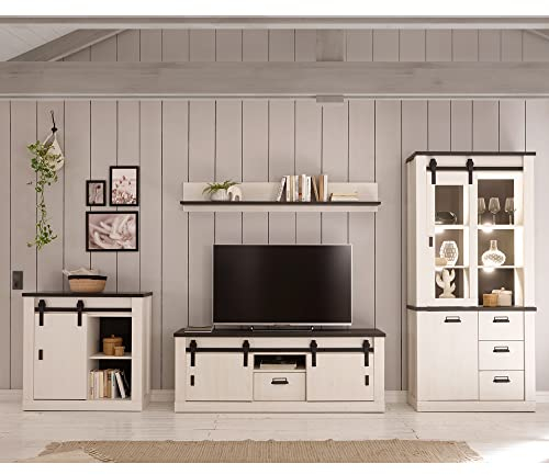 Lomadox Wohnwand TV-Wand Pinie weiß Nb. mit anthrazit 4-teilig Landhausstil, TV-Lowboard, Wandboard, Kommode, Vitrinenschrank, inkl. LED-Beleuchtung