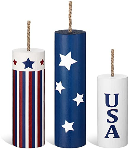 Weysat 3 Pcs 4th of July Decorations, Red White and Blue Firecracker Decor, Wood Patriotic Memorial Day Tiered Tray Decors, Firework 250th Anniversary Tabletop Home Decoration for Table Office Party