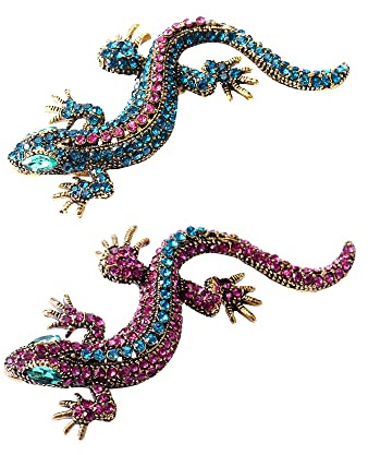 Opexicos Lot de 2 broches drôles en forme de lézard et diamant pour femme, broche geckos pour fête, vêtements, bijoux vintage en métal, Métal