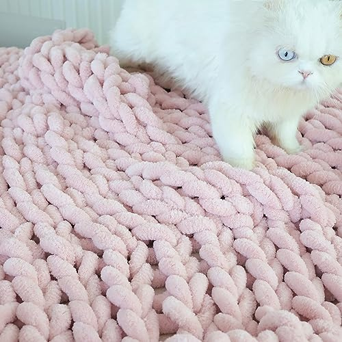 Maetoow Chenille Chunky Knit Throw Blanket,Handmade,50×60,Light Pink