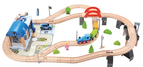 Bino world of toys Holzeisenbahn mit Brücke, Spielzeug für Kleinkinder ab 3 Jahren, Spielzeug zur Förderung kindlicher Fähigkeiten, 90-TLG., Polizeistation inkl. eines Hubschraubers, Mehrfarbig