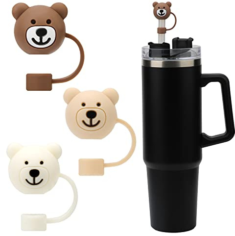 LUTER 3pcs Bear Straw Cover, Cute Straw Covers Cap Cartoon Soft Silicone Bear Straw Toppers Straw Tips Lids Protector Cover BPA Free Compatible with 10mm Stanley Straws 30 40 oz Tumbler Cup (E40008)