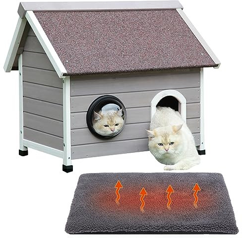 Outdoor Cat House with Soft Mat, Wooden Elevated Outside Cat House