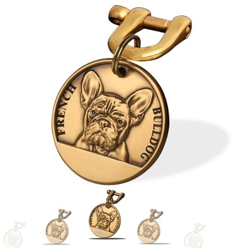 Hundemarke mit Gravur - Hundemarke Personalisiert Gravierter Text auf Beiden Seiten - Messing ⌀35-40mm Dog Tag (Französische Bulldogge)